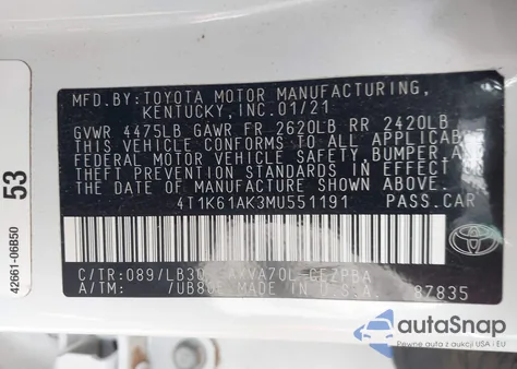 2021 Toyota Camry Xse z USA, uszkodzony, nr VIN 4T1K61AK3MU551191